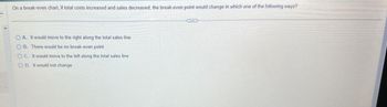 On a break-even chart, if total costs increased and sales decreased, the break-even point would change in which one of the following ways?
OA. It would move to the right along the total sales line
OB. There would be no break-even point
OC. It would move to the left along the total sales line
OD. It would not change
***