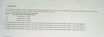 QUESTION 2
Euro Gyro just bought 50 cases of pita bread from Supply House. Euro Gyro has been offered the 3 possible payment options described in
the table, if the discount rate is 13.98%, which of the assertions is true?
Terms of payment (amount and timing)
from Euro Gyro to Supply House
$6,320,00 in 1 year
$8,040.00 in 3 years
$10,540.00 in 6 years
Option
A
B
C
O Supply House should prefer option B more than option A, and Supply House should prefer option C more than option A
Supply House should profor option A more than option B, and Supply House should prefer option A more than option C
O Supply House should prefer option A more than option B, and Supply House should prefer option C more than option A
O Supply House should prefer option B more than option A, and Supply House should profor option A more than option C
QUESTIOND