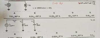 V₁
A
700 90° A
V 2400 v
V
A
0.032-90° A
70
R
220 N
v = 100Sin (w: - 45)
B
8.24L-35° A
le
Xc
150
B
0.08/ -90° A
Find Ip
с
14.28 45° A
C
0.054 20° A
D
50 L120° A
D
2) القيمة العظمى للتيارما
0.014 60° A
E
6.48 L-45°/
تیار دا
0.4L