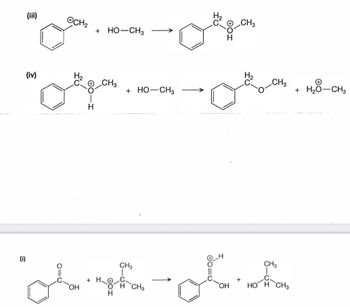 (iii)
(iv)
CH₂
H
+ HO-CH3
CH3
+ H₂O
H
+ HO-
-CH3
(i)
"oh ghat
OH
H CH3
CH3
CH3
Culgen
+
CH3
OH HOH CH3
+ H₂O-CH3