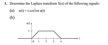 1. Determine the Laplace transform X(s) of the following signals:
(a) x(t)= t cos²ot u(t)
(b)
x(1)
2
+
3
4
t