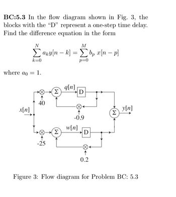 **Problem BC:5.3**

In the flow diagram shown in Figure 3, the blocks with the "D" represent a one-step time delay. Find the difference equation in the form:

\[
\sum_{k=0}^{N} a_k y[n-k] = \sum_{p=0}^{M} b_p x[n-p]
\]

where \( a_0 = 1 \).

**Flow Diagram Explanation:**

The diagram consists of interconnected blocks and summing junctions as follows:

1. **Inputs and Outputs:**
   - Input: \( x[n] \)
   - Output: \( y[n] \)

2. **Blocks and Operations:**
   - The input \( x[n] \) is multiplied by 40, leading to the first summing junction.
   - The initial summation forms a signal \( q[n] \) which passes through a delay block labeled "D".
   - This delayed signal is then multiplied by \(-0.9\) and fed back into the first summing junction, completing the feedback loop for \( q[n] \).
   - Separately, another path multiplies \( x[n] \) by \(-25\), leading to a second summing junction, forming signal \( w[n] \).
   - This \( w[n] \) also passes through a delay block "D".
   - The delayed \( w[n] \) signal is multiplied by 0.2 and added as feedback into the second summing junction.
   - Both processed paths, \( q[n] \) and \( w[n] \), combine at the final summing junction resulting in the output \( y[n] \).

**Figure Caption:**

Figure 3: Flow diagram for Problem BC: 5.3

This diagram visually represents a linear, time-invariant digital filter system, focusing on how different components influence the system's response to the input signal.