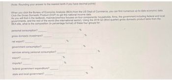 (Note: Rounding your answer to the nearest tenth if you have decimal points)
When you click the Bureau of Economic Analysis (BEA) from the US Dept of Commerce, you can find numerous up-to-date economic data.
Click the Gross Domestic Product (DGP) to get the national income data.
As you will find in the textbook, macroeconomics focuses on four components: households, firms, the government including federal and local
governments, and the rest of the world (the international sector). Using the 2018 Q3 (third quarter) gross domestic product table from the
BEA site, what is the composition (in percentage format) of these four groups for:
personal consumption?
gross domestic investment?
net export?
government consumption?
services among personal consumption?
export?
imports?
federal government expenditure?
state and local government?
%
%
*