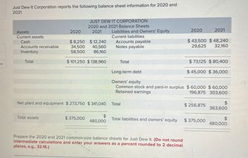 Just Dew It Corporation reports the following balance sheet information for 2020 and
2021.
JUST DEW IT CORPORATION
2020 and 2021 Balance Sheets
Liabilities and Owners' Equity
Current liabilities
Accounts payable
Notes payable
2020
2021
$ 43,500 $48,240
29,625 32,160
Assets
2020
2021
Current assets
Cash
$ 8,250
$ 12,240
Accounts receivable
34,500
40,560
Inventory
58,500
86,160
Total
$101,250 $ 138,960
Total
es
Long-term debt
Owners' equity
$ 73,125 $ 80,400
$ 45,000 $ 36,000
Common stock and paid-in surplus $60,000 $60,000
Retained earnings
196,875 303,600
$
Net plant and equipment $273,750 $341,040
Total
$ 256,875
363,600
$
Total assets
$375,000
480,000
Total liabilities and owners' equity
$
$375,000
480,000
Prepare the 2020 and 2021 common-size balance sheets for Just Dew It. (Do not round
intermediate calculations and enter your answers as a percent rounded to 2 decimal
places, e.g., 32.16.)