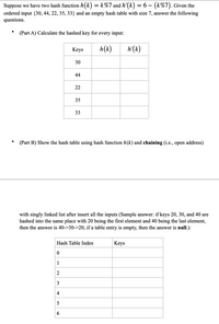 **Hash Function and Hash Table Construction**

Suppose we have two hash functions \( h(k) = k \% 7 \) and \( h'(k) = 6 - (k \% 7) \). Given the ordered input \(\{30, 44, 22, 35, 33\}\) and an empty hash table with size 7, answer the following questions.

### Part A: Calculate the Hashed Key for Every Input

| Keys | \( h(k) \) | \( h'(k) \) |
|------|------------|------------|
| 30   |            |            |
| 44   |            |            |
| 22   |            |            |
| 35   |            |            |
| 33   |            |            |

### Part B: Show the Hash Table Using Hash Function \( h(k) \) and Chaining

With singly linked list after inserting all the inputs. If keys are hashed into the same place, list them in order of insertion. If a table entry is empty, it is noted as **null**.

**Sample Answer:** If keys 20, 30, and 40 are hashed into the same place with 20 being the first element and 40 the last, the entry is \( 40 \rightarrow 30 \rightarrow 20 \). If a table entry is empty, it is **null**.

| Hash Table Index | Keys              |
|------------------|-------------------|
| 0                |                   |
| 1                |                   |
| 2                |                   |
| 3                |                   |
| 4                |                   |
| 5                |                   |
| 6                |                   |

This exercise involves evaluating hash values and effectively managing collisions using chaining.