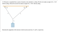 Determine the magnitudes of the tensions in the first and second wires, T1 and T2, respectively.
