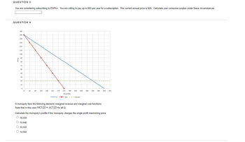 QUESTION 3
You are considering subscribing to ESPN+. You are willing to pay up to $83 per year for a subscription. The current annual price is $26. Calculate your consumer surplus under these circumstances.
QUESTION 4
180
168
156
144
132
120
108
96
84
72
60
48
36
24
12
0
0
45
90
135
180
225
270 315 360 405 450 495 540 585 630 675
Quantity
P -MR---MC=AC
A monopoly face the following demand, marginal revenue and marginal cost functions
Note that in this case MC(Q)= AC(Q) for all Q.
Calculate the monopoly's profits if the monopoly charges the single profit maximizing price
O 18,550
O 19,440
O 19,100
O 14,500