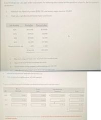 Enos Printing Corp.uses a job order cost system. The following data summarize the operations related to the first quarter's
production.
1.
Materials purchased on account $196,700, and factory wages incurred $94,100.
2.
Materials requisitioned and factory labor used by job:
Job Number
Materials
Factory Labor
A20
$37,040
$19,800
A21
45,020
22,600
A22
37,800
16,500
A23
41,370
27,100
General factory use
5,070
8,100
$166,300
$94,100
3.
Manufacturing overhead costs incurred on account $51,600.
4.
Depreciation on factory equipment $15,850.
5.
Depreciation on the company's office building was $14,300.
6.
Manufacturing overhead rate is 86% of direct labor cost.
6.
Manufacturing overhead rate is 86% of direct labor cost.
7.
Jobs completed during the quarter: A20, A21, and A23.
Prepare a schedule showing the individual cost elements and total cost for each job in item 7.
Direct
Direct
Manufacturing
Job
Materials
Labor
Overhead
Total
A20
%24
37.040
%24
19.800
17,028
%24
73,868
A21
45,02
22.600
16,500
27.10
A23
17,028
19,436
14.190
23,306
91,776
Prepare entries to record the operations summarized above. (Credit account titles are automatically indented when amount is entered. Do
not indent manually.)
