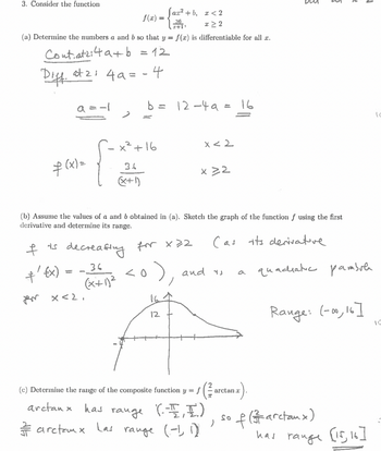 3. Consider the function
f(x) =
az²+b, x<2
x ≥ 2
36
I+1¹
(a) Determine the numbers a and b so that y = f(x) is differentiable for all c.
Contatzi4a+b = 12
Diff. 4²1 4a = - 4
f(x) =
ť'
a=-1
{x)
=
f
I is decreasing
36
(x+1)²
2
x<2.
(b) Assume the values of a and b obtained in (a). Sketch the graph of the function f using the first
derivative and determine its range.
(as its derivative
x² +16
36
(x+1)
Las
b = 12-49 = 16
for x 22
<o)
range
12
x < 2
x>2
(c) Determine the range of the composite function y = f
arctanx has
(--플,풀.)
arctem x
range (-1, 1)
and is
arctan a
)
a
So
quacuatic pambule
Range: (-00, 16]
f(arctaux)
has range [15, 16]
10