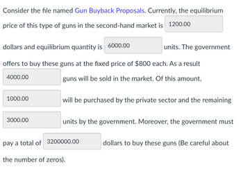 Consider the file named Gun Buyback Proposals. Currently, the equilibrium
price of this type of guns in the second-hand market is 1200.00
dollars and equilibrium quantity is 6000.00
units. The government
offers to buy these guns at the fixed price of $800 each. As a result
4000.00
guns will be sold in the market. Of this amount,
1000.00
will be purchased by the private sector and the remaining
3000.00
units by the government. Moreover, the government must
pay a total of 3200000.00
the number of zeros).
dollars to buy these guns (Be careful about