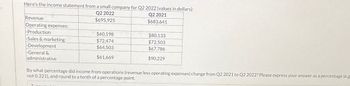 Here's the income statement from a small company for Q2 2022 (values in dollars):
Q2 2022
Q2 2021
$695,925
$683,641
Revenue
Operating expenses:
-Production
-Sales & marketing
-Development
-General &
administrative
$60,198
$72,474
$64,503
$61,669
$80,133
$72,503
$67,786
$90,229
By what percentage did income from operations (revenue less operating expenses) change from Q2 2021 to Q2 2022? Please express your answer as a percentage (e.g
not 0.321), and round to a tenth of a percentage point.