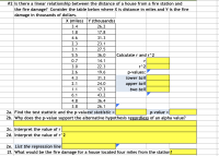 #2 Is there a linear relationship between the distance of a house from a fire station and
the fire damage? Consider the table below where X is distance in miles and Y is the fire
damage in thousands of dollars.
X (miles) Y (thousands)
3.4
26.2
17 8
