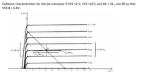 Collector characteristics for the Ge transistor If VEE =2 V, VCC =12V, and RC = 2k , size RE so that
VCEQ = 6.4V.
io mA
ig-7 mA
6 mA
5 mA
4 mA
Aic for hys
Aig for he
3 mA
Aic for hab
Avea for h
2 mA
I mA
-10
-12
14
-16
-1-
-20
"C
