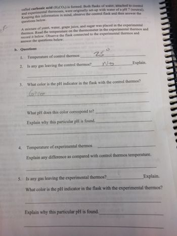 eve
called carbonic acid (H₂CO3) is formed. Both flasks of water, attached to control
and experimental thermoses, were originally set-up with water of a pH 7 (neutral).
Keeping this information in mind, observe the control flask and then answer the
questions below.
A mixture of yeast, water, grape juice, and sugar was placed in the experimental
thermos. Read the temperature on the thermometer in the experimental thermos and
record it below. Observe the flask connected to the experimental thermos and
answer the questions below.
b. Questions
1. Temperature of control thermos
2.
3.
Is any gas leaving the control thermos?
25
What pH does this color correspond to?
Explain why this particular pH is found.
No
What color is the pH indicator in the flask with the control thermos?
Giver
Explain.
4. Temperature of experimental thermos
Explain any difference as compared with control thermos temperature.
Explain why this particular pH is found.
5. Is any gas leaving the experimental thermos?
Explain.
What color is the pH indicator in the flask with the experimental thermos?