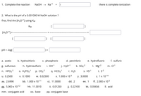 1. Complete the reaction NaOH → Na+¹ +
i
2. What is the pH of a 0.001000 M NaOH solution ?
first, find the [H3O+¹] using Kw
Kw
[
[H3O+¹] =
[
|] [
pH = -log(
a. acetic
c. phosphoric
g. sulfurous
n. HPO3-2
u. 0.2500
aa. 2.6990
gg. 5.000 x 10-12
mm. conjugate acid
b. hydrochloric
[]
d. perchloric e. hydrofluoric
1. Mg+2
S. HS-1
t. S-2
z. 1x 10-14
x. 1.000 x 10-3
y. 3.0000
CC. 11.0000
dd. 2
ee. 1
ff. 2.000 x 10-³
ii. 0.01250
jj. 0.22100
kk. 0.05656 II. acid
pp. conjugate base
-2
i. OH-1 j. H30+1 k. SO4²
there is complete ionization
f. sulfuric
h. hydrosulfuric
-2
0. H₂PO3-1 p. CO3-² q. HCO3-1 r. H₂S
v. 0.1000
w. 0.02500
bb. 1.000 x 10-11
hh. 11.3010
oo. base
m. Cl-1