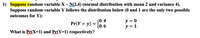 ### Probability Distributions and Calculations

**Problem Statement:**

1. **Suppose** random variable \( X \sim \mathcal{N}(2,4) \) (normal distribution with mean 2 and variance 4).  
   Suppose random variable \( Y \) follows the distribution below (0 and 1 are the only two possible outcomes for \( Y \)):

   \[
   \Pr(Y = y) = 
   \begin{cases} 
   0.4 & \text{if } y = 0 \\
   0.6 & \text{if } y = 1 
   \end{cases}
   \]

   What is \( \Pr(X=1) \) and \( \Pr(Y=1) \) respectively?

**Explanation:**

- **\( X \) Distribution:**  
  \( X \) is normally distributed with a mean (\( \mu \)) of 2 and a variance (\( \sigma^2 \)) of 4. This distribution, denoted as \( \mathcal{N}(2,4) \), tells us about the spread and central tendency of \( X \).

- **\( Y \) Distribution:**  
  \( Y \) is a discrete random variable with two possible outcomes: 0 and 1. The probability distribution for \( Y \) is clearly specified:  
  - \(\Pr(Y = 0) = 0.4\)  
  - \(\Pr(Y = 1) = 0.6\)

**Questions:**

- **\( \Pr(X = 1) \):**  
  The question asks for the probability that the normally distributed variable \( X \) equals 1. Since the normal distribution is continuous, \(\Pr(X = 1)\) is technically zero because continuous distributions measure the probability of intervals rather than exact values.

- **\( \Pr(Y = 1) \):**  
  According to the provided distribution, \(\Pr(Y = 1) = 0.6\).

This problem examines understanding of both continuous and discrete probability distributions.