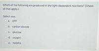 Which of the following are produced in the light-dependent reactions? (Check
all that apply.)
Select one:
O a. ATP
b. carbon dioxide
c. glucose
d. oxygen
e. NADPH
