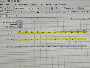 ### Production and Cost Analysis Spreadsheet

This spreadsheet outlines a company's production plan and cost analysis over a one-year period, divided into monthly segments.

#### Basic Information:
- **Unit Production Cost (Regular):** $305
- **Unit Production Cost (Overtime):** $345
- **Selling Price per Unit:** $510
- **Holding Cost per Month:** $15
- **Starting Inventory:** 15 units

#### Monthly Production and Sales Data:

- **Regular Production:**
  - **January:** 385 units
  - **February - March:** 400 units each
  - **April:** 450 units
  - **May - July:** 500 units each
  - **August:** 500 units
  - **September - December:** 400 units each

- **Overtime Production:**
  - **July:** 75 units
  - **August:** 75 units
  - Other months have zero overtime production.

- **Forecasted Sales:**
  - **January - April:** 400 units each
  - **May - July:** 600 units each
  - **August:** 600 units
  - **September - December:** 400 units each

#### Analysis:

- **Regular Production** ranges from a low of 385 units in January to a peak of 500 units from May through August.
- **Overtime Production** is minimal, occurring only in July and August, indicating increased demand during these months.
- **Forecasted Sales** show higher demand from May to August at 600 units, with the rest of the year steady at 400 units, aligning with overtime production during these peak months.

This structured approach helps in planning for production costs, optimizing inventory management, and meeting forecasted sales efficiently while managing production resources effectively.