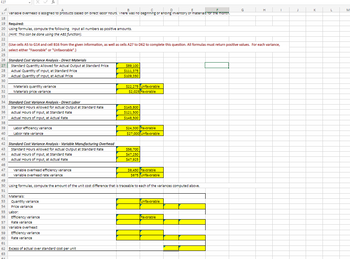 F27
A
B
D
17 variable overnead is assigned to products based on direct labor nours. There was no beginning or ending inventory of materials for the month.
18
19 Required:
20 Using formulas, compute the following. Input all numbers as positive amounts.
21 (Hint: This can be done using the ABS function).
22
26 Standard Cost Variance Analysis - Direct Materials
27 Standard Quantity Allowed for Actual Output at Standard Price
28
23 (Use cells A5 to G14 and cell B16 from the given information, as well as cells A27 to D62 to complete this question. All formulas must return positive values. For each variance,
24 select either "Favorable" or "Unfavorable".)
25
Actual Quantity of Input, at Standard Price
29 Actual Quantity of Input, at Actual Price
30
31 Materials quantity variance
32
Materials price variance
33
34 Standard Cost Variance Analysis - Direct Labor
35
36
37
38
39
40
41
Standard Hours Allowed for Actual Output at Standard Rate
46
47
48
Actual Hours of Input, at Standard Rate
Actual Hours of Input, at Actual Rate
Labor efficiency variance
Labor rate variance
42 Standard Cost Variance Analysis - Variable Manufacturing Overhead
43
Standard Hours Allowed for Actual Output at Standard Rate
44
45
Actual Hours of Input, at Standard Rate
Actual Hours of Input, at Actual Rate
variable overhead efficiency variance
Variable overhead rate variance
52 Materials:
53 Quantity variance
54 Price variance
55 Labor:
56 Efficiency variance
$89,100
$111,375
$109,350
57
Rate variance
58 Variable overhead:
59
Efficiency variance
60
Rate variance
61
62 Excess of actual over standard cost per unit
63
$22,275 Unfavorable
$2,025 Favorable
$145,800
$121,500
$148,500
$24,300 Favorable
$27,000 Unfavorable
$56,700
$47,250
$47,925
49
50 Using formulas, compute the amount of the unit cost difference that is traceable to each of the variances computed above.
51
$9,450 Favorable
$675 Unfavorable
Unfavorable
H
Favorable
I
J
K
L
M