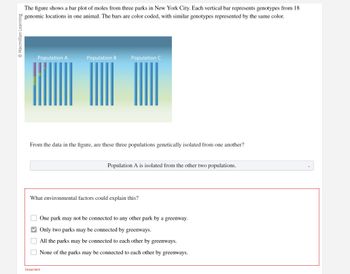 The figure displays a bar plot of moles from three parks in New York City. Each vertical bar represents genotypes from 18 genomic locations in one animal. The bars are color-coded, with similar genotypes represented by the same color.

**Graph Explanation:**
- The plot has three groups labeled as Population A, Population B, and Population C.
- Population A's bars display a mix of colors, indicating genetic diversity or a mix of genotypes within this group.
- Populations B and C have bars predominantly of a single color, suggesting more genetic similarity within these groups.

**Analysis Question:**
- "From the data in the figure, are these three populations genetically isolated from one another?"
- The selected answer is: "Population A is isolated from the other two populations."

**Environmental Factors Question:**
- "What environmental factors could explain this?"
  - One option is selected: "Only two parks may be connected by greenways."

- Other options include:
  - "One park may not be connected to any other park by a greenway."
  - "All the parks may be connected to each other by greenways."
  - "None of the parks may be connected to each other by greenways."

The selected choice suggests that the genetic isolation seen in Population A might be due to limited connectivity by greenways between the parks, allowing for restricted gene flow.