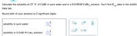 Calculate the solubility at 25 °C of CuBr in pure water and in a 0.0180M CoBr, solution. You'll find K,
data in the ALEKS
sp
2
Data tab.
Round both of your answers to 2 significant digits.
solubility in pure water:
solubility in 0.0180 M CoBr2 solution:
미□
