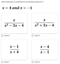 Answered: Which expression is undefined for the… | bartleby