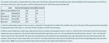 The module test2 contains a pandas DataFrame colors with a list of colors along with their hexadecimal color codes and RGB channel values between 0 and 255 (i.e.,
the mixture of the basic colors red, green, and blue that gives the color). The first few entries look like this:
color
hex red channel green channel blue channel
O dark sea green #8fbc8f 143
188
143
1 gray
#808080 128
128
128
2 orange red
#ff8c00 255
69
0
3 lime green
4 lavendar
#32cd32 50
#e6e6fa 230
205
50
230
250
1. Take the original table, augment it by one column, "grayscale", and assign the new table to the variable colors_extra. The values of the grayscale column should be
the grayscale values of the colors, i.e., the mean of their red, green, and blue channel values.
2. Define a second DataFrame mixed_color_table whose entries are mixtures of subsequent colors in colors, i.e., the first entry is the mixture of the first and second
original color, the second entry is the mixture of the third and fourth original color, and so on. The new DataFrame should have four columns, "mix", "red channel",
"green channel", and "blue channel". The value of mix should be the name of the first color, followed by a plus sign, followed by the name of the second color. For
example, "blue+crimson" when mixing "blue" and "crimson". The values of the three color channels should be the mean of the corresponding color channels of the
original colors. (Note: You can assume that the total number of colors in the original colors DataFrame is even.)