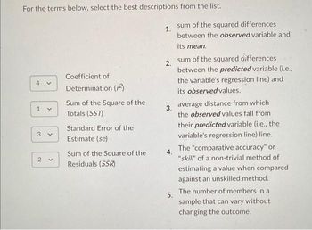 For the terms below, select the best descriptions from the list.
4 v
1
3
2
<
>
Coefficient of
Determination (²)
Sum of the Square of the
Totals (SST)
Standard Error of the
Estimate (se)
Sum of the Square of the
Residuals (SSR)
1. sum of the squared differences
between the observed variable and
its mean.
2.
3.
4.
5.
sum of the squared differences
between the predicted variable (i.e.,
the variable's regression line) and
its observed values.
average distance from which
the observed values fall from
their predicted variable (i.e., the
variable's regression line) line.
The "comparative accuracy" or
"skill" of a non-trivial method of
estimating a value when compared
against an unskilled method.
The number of members in a
sample that can vary without
changing the outcome.