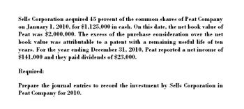 Sells Corporation acquired 45 percent of the common shares of Peat Company
on January 1, 2010, for $1,125,000 in cash. On this date, the net book value of
Peat was $2,000,000. The excess of the purchase consideration over the net
book value was attributable to a patent with a remaining useful life of ten
years. For the year ending December 31, 2010, Peat reported a net income of
$141,000 and they paid dividends of $23,000.
Required:
Prepare the journal entries to record the investment by Sells Corporation in
Peat Company for 2010.