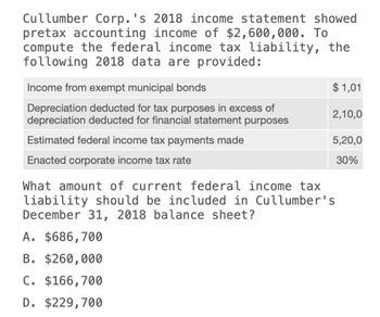 Cullumber Corp.'s 2018 income statement showed
pretax accounting income of $2,600,000. To
compute the federal income tax liability, the
following 2018 data are provided:
Income from exempt municipal bonds
Depreciation deducted for tax purposes in excess of
depreciation deducted for financial statement purposes
Estimated federal income tax payments made
Enacted corporate income tax rate
What amount of current federal income tax
liability should be included in Cullumber's
December 31, 2018 balance sheet?
$ 1,01
2,10,0
5,20,0
30%
A. $686,700
B. $260,000
C. $166,700
D. $229,700