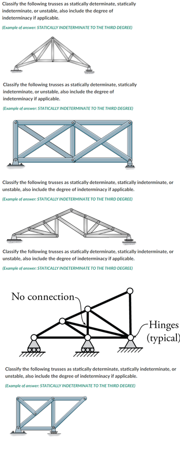 Classify the following trusses as statically determinate, statically
indeterminate, or unstable, also include the degree of
indeterminacy if applicable.
(Example of answer: STATICALLY INDETERMINATE TO THE THIRD DEGREE)
Classify the following trusses as statically determinate, statically
indeterminate, or unstable, also include the degree of
indeterminacy if applicable.
(Example of answer: STATICALLY INDETERMINATE TO THE THIRD DEGREE)
Classify the following trusses as statically determinate, statically indeterminate, or
unstable, also include the degree of indeterminacy if applicable.
(Example of answer: STATICALLY INDETERMINATE TO THE THIRD DEGREE)
Classify the following trusses as statically determinate, statically indeterminate, or
unstable, also include the degree of indeterminacy if applicable.
(Example of answer: STATICALLY INDETERMINATE TO THE THIRD DEGREE)
No connection
Hinges
(typical)
Classify the following trusses as statically determinate, statically indeterminate, or
unstable, also include the degree of indeterminacy if applicable.
(Example of answer: STATICALLY INDETERMINATE TO THE THIRD DEGREE)
Ø