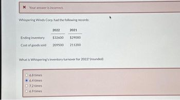 * Your answer is incorrect.
Whispering Winds Corp. had the following records:
Ending inventory
Cost of goods sold
6.8 times
6.4 times
2021
What is Whispering's inventory turnover for 2022?(rounded)
O 7.2 times
6.9 times:
2022
$32600
$29000
209500 211200