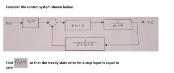 Consider the control system shown below.
G₂(S)
R(s)
2
Y(s)
K (s + 1)
s(s+4)
3
(s²+2s+5)
Find Gp(s) so that the steady state error for a step input is equal to
zero