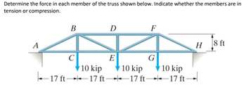 Determine the force in each member of the truss shown below. Indicate whether the members are in
tension or compression.
A
B
C
D
E
F
G
10 kip
10 kip
10 kip
17 ft 17 ft17 ft17 ft-
H
8 ft