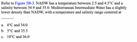 Refer to Figure 5B-3. NADW has a temperature between 2.5 and 4.5°C and a
salinity between 34.9 and 35.0. Mediterranean Intermediate Water has a slightly
lower density than NADW, with a temperature and salinity range centered at
a. 4°C and 34.0
b. 5°C and 35.5
c. 10°C and 36.0
