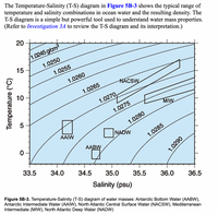 The Temperature-Salinity (T-S) diagram in Figure 5B-3 shows the typical range of
temperature and salinity combinations in ocean water and the resulting density. The
T-S diagram is a simple but powerful tool used to understand water mass properties.
(Refer to Investigation 3A to review the T-S diagram and its interpretation.)
20
1.0245 g/cm
15
1.0250
1.0255
1.0260
NACSW
10
1.0265
1.0270,
MIW
1.0275
1.0280
ONADW
AAIW
1.0285
AABW
33.5
34.0
34.5
35.0
35.5
36.0
Salinity (psu)
Figure 5B-3. Temperature-Salinity (T-S) diagram of water masses: Antarctic Bottom Water (AABW),
36.5
Antarctic Intermediate Water (AAIW), North Atlantic Central Surface Water (NACSW), Mediterranean
Intermediate (MIW), North Atlantic Deep Water (NADW)
Temperature (°C)
1.0290
