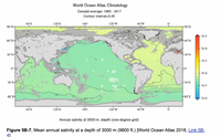 World Ocean Atlas Climatology
Decadal average: 1955 - 2017
Contour Interval-0.05
60'E
120'E
180
20Wו
60'W
90'N-
-90'N
36.5
60'N
+N.09
36.0
30'N-
30'N
355
* Fo
35.0
30'S-
-30's
- 34.5
60's-
F60'S
34.0
60'E
120'E
180
120'W
60'W
Annual salinity at 3000 m. depth (one-degree grid)
Figure 5B-7. Mean annual salinity at a depth of 3000 m (9800 ft.) [World Ocean Atlas 2018, Link 5B-
4]
