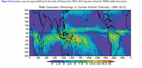 Figure 4A-4 provides a map of average rainfall rate for the month of February from 1998 to 2012 using data collected by TRMM satellite observations.
TRMM Composite Climatology of Surface Rainfall (February, 1998-2012)
36N
3ON -
24N
18N -
12N-
6N -
EQ
6S
125-
18S
24S
30S-
36S
30E
60E
90E
120E 150E
180
150W
120W
9ÓW
60W
3ÓW
O 1.2 3 4.5 6 7.8
9 10.5 12 13.5 15
