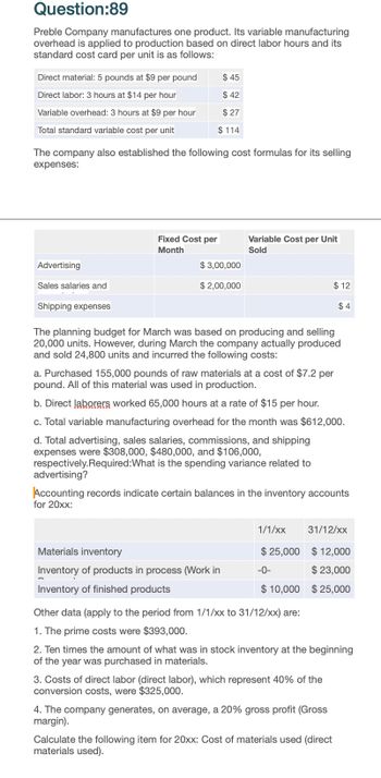 Question:89
Preble Company manufactures one product. Its variable manufacturing
overhead is applied to production based on direct labor hours and its
standard cost card per unit is as follows:
Direct material: 5 pounds at $9 per pound
$ 45
Direct labor: 3 hours at $14 per hour
$ 42
Variable overhead: 3 hours at $9 per hour
$ 27
Total standard variable cost per unit
$ 114
The company also established the following cost formulas for its selling
expenses:
Advertising
Sales salaries and
Shipping expenses
Fixed Cost per
Month
Variable Cost per Unit
Sold
$ 3,00,000
$ 2,00,000
$ 12
$4
The planning budget for March was based on producing and selling
20,000 units. However, during March the company actually produced
and sold 24,800 units and incurred the following costs:
a. Purchased 155,000 pounds of raw materials at a cost of $7.2 per
pound. All of this material was used in production.
b. Direct laborers worked 65,000 hours at a rate of $15 per hour.
c. Total variable manufacturing overhead for the month was $612,000.
d. Total advertising, sales salaries, commissions, and shipping
expenses were $308,000, $480,000, and $106,000,
respectively.Required:What is the spending variance related to
advertising?
Accounting records indicate certain balances in the inventory accounts
for 20xx:
1/1/xx
31/12/xx
Materials inventory
$ 25,000 $12,000
Inventory of products in process (Work in
-0-
$23,000
$10,000 $25,000
Inventory of finished products
Other data (apply to the period from 1/1/xx to 31/12/xx) are:
1. The prime costs were $393,000.
2. Ten times the amount of what was in stock inventory at the beginning
of the year was purchased in materials.
3. Costs of direct labor (direct labor), which represent 40% of the
conversion costs, were $325,000.
4. The company generates, on average, a 20% gross profit (Gross
margin).
Calculate the following item for 20xx: Cost of materials used (direct
materials used).