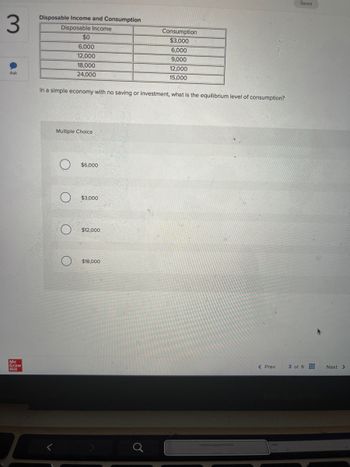 3
Ask
Mc
Graw
Hill
Disposable Income and Consumption
Disposable Income
$0
6,000
12,000
18,000
Consumption
$3,000
6,000
9,000
12,000
15,000
24,000
In a simple economy with no saving or investment, what is the equilibrium level of consumption?
Multiple Choice
$6,000
$3,000
$12,000
$18,000
Saved
< Prev
3 of 9
Next >