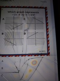roblem #
9 points
Which graph represents
-2x +3y = -24?
A.3(C)
©2017 Marie De Los Reyes, "Altebra Accents"
A
В
