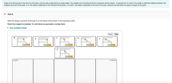 **Educational Content: Evaluating Tension in Supporting Cables**

**Scenario Description:**

A sign is to be suspended from the end of a thin pole, and the pole is supported by a single cable. Six different design scenarios (A through F) are presented to explore various configurations. In these scenarios, the cable may be attached at different points along the pole:

- Scenarios A, B, and D: The cable is attached halfway between the midpoint and the end of the pole.
- Scenario C: The cable is attached to the midpoint of the pole.
- Scenarios E and F: The cable is attached to the end of the pole.

Assume that the wall does not exert a torque on the pole.

**Task: Rank the Design Scenarios**

Your task is to rank these scenarios based on the tension in the supporting cable, from largest to smallest tension. You can rank items as equivalent by overlapping them.

**Diagram Explanation:**

The diagram shows six scenarios labeled A through F. Each scenario is depicted with the sign labeled "Good Food" hanging from a pole, supported by a cable at various angles and attachment points. The angles vary, influencing the tension in the cable. The challenge is to determine the order of tension from largest to smallest based on these configurations.

**Interactive Features:**

- **View Available Hint(s):** This option provides additional guidance to help solve the problem.
- **Reset/Help Buttons:** These buttons allow users to reset their answers and seek further assistance if needed.

**Interactive Ranking Space:**

A space is provided for users to drag and drop the scenarios into boxes labeled from "largest" to "smallest" tension. This interactive element enables learners to engage with the material actively, testing their understanding of the physics involved.