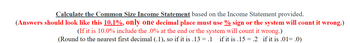 Calculate the Common Size Income Statement based on the Income Statement provided.
(Answers should look like this 10.1%, only one decimal place must use % sign or the system will count it wrong.)
(If it is 10.0% include the .0% at the end or the system will count it wrong.)
(Round to the nearest first decimal (.1), so if it is .13 = .1 if it is .15.2 if it is .01 .0)