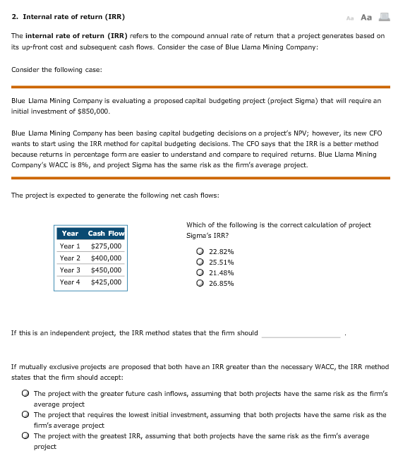 Answered 2. Internal rate of return (IRR) Aa Aa… bartleby