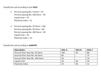 Classify the soil according to the USCS
1. Percent passing No. 4 Sieve = 70
Percent passing No. 200 Sieve = 30
Liquid Limit = 33
Plasticity Index = 12
2. Percent passing No. 10 Sieve = 100
Percent passing No. 40 Sieve = 80
Percent passing No. 200 Sieve = 58
Liquid Limit = 30
Plasticity Index = 10
Classify the soil according to AASHTO
Description
SOIL A
SOIL B
SOIL C
Percent finer than No. 10 Sieve
100
95
88
Percent finer than No. 40 Sieve
80
75
Percent finer than No. 200 Sieve
58
34
Liquid Limit
30
60
39
Plasticity Index
10
40
12
