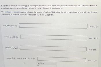 Many power plants produce energy by burning carbon-based fuels, which also produces carbon dioxide. Carbon dioxide is a
greenhouse gas, so over-production can have negative effects on the environment.
Use enthalpy of formation data to calculate the number of moles of CO₂ (g) produced per megajoule of heat released from the
combustion of each fuel under standard conditions (1 atm and 25 °C).
coal, C(s, graphite)
natural gas, CH₂(g)
propane, C, H, (g)
octane, CH₁8, AH; = -250.1 kJ mol-1
x10
TOOLS
mol - MJ-1
mol - MJ-¹
mol - MJ-1
mol - MJ-1