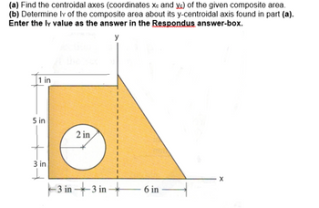 (a) Find the centroidal axes (coordinates xc and xs) of the given composite area.
(b) Determine ly of the composite area about its y-centroidal axis found in part (a).
Enter the ly value as the answer in the Respondus answer-box.
y
1 in
5 in
3 in
2 in
3 in 3 in
6 in
X