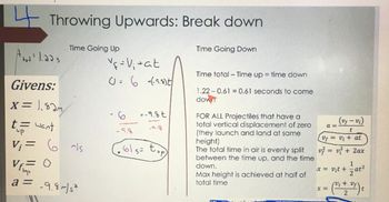 4
Throwing Upwards: Break down
Vf.
Time Going Up
A tua = 1.225
Givens:
x = 1.82m/
t = want
up
V₁ = 6 m/s
O
top
a = -9.8 m/s²
2
V f = V₁ + at
0 = 6 + (²9.5) t
6
-5.8
= -9.8 t
1615 = tup
Time Going Down
Time total-Time up = time down
1.22 0.61 = 0.61 seconds to come
down
FOR ALL Projectiles that have a
total vertical displacement of zero
(they launch and land at same
height)
The total time in air is evenly split
between the time up, and the time
down.
Max height is achieved at half of
total time
(vf - vi)
t
V = V₁ + at
v² = v² + 2ax
1
x = v₁t + = at²
2
• (³₁ +01) ₁
t
2