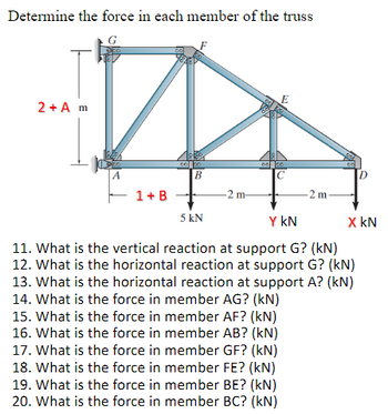 Determine the force in each member of the truss
2+A m
A
B
1+B+
5 kN
-2 m-
E
OF CO
C
-2 m.
S
Y KN
11. What is the vertical reaction at support G? (kN)
12. What is the horizontal reaction at support G? (kN)
13. What is the horizontal reaction at support A? (kN)
14. What is the force in member AG? (kN)
15. What is the force in member AF? (kN)
16. What is the force in member AB? (kN)
17. What is the force in member GF? (kN)
18. What is the force in member FE? (kN)
19. What is the force in member BE? (kN)
20. What is the force in member BC? (kN)
D
X KN