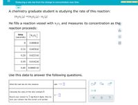 Deducing a rate law from the change in concentration over time
A chemistry graduate student is studying the rate of this reaction:
2N,O5 (g) →2N,0, (g) + O, (g)
He fills a reaction vessel with N,0, and measures its concentration as the
reaction proceeds:
alo
[N,0,]
time
(seconds)
Ar
0.0800M
0.10
0.0450M
0.20
0.0253 M
0.30
0.0142M
0.40
0.00801 M
Use this data to answer the following questions.
Write the rate law for this reaction.
rate = k
Calculate the value of the rate constant k.
k =
Round your answer to 2 significant digits. Also be
sure your answer has the correct unit symbol.
